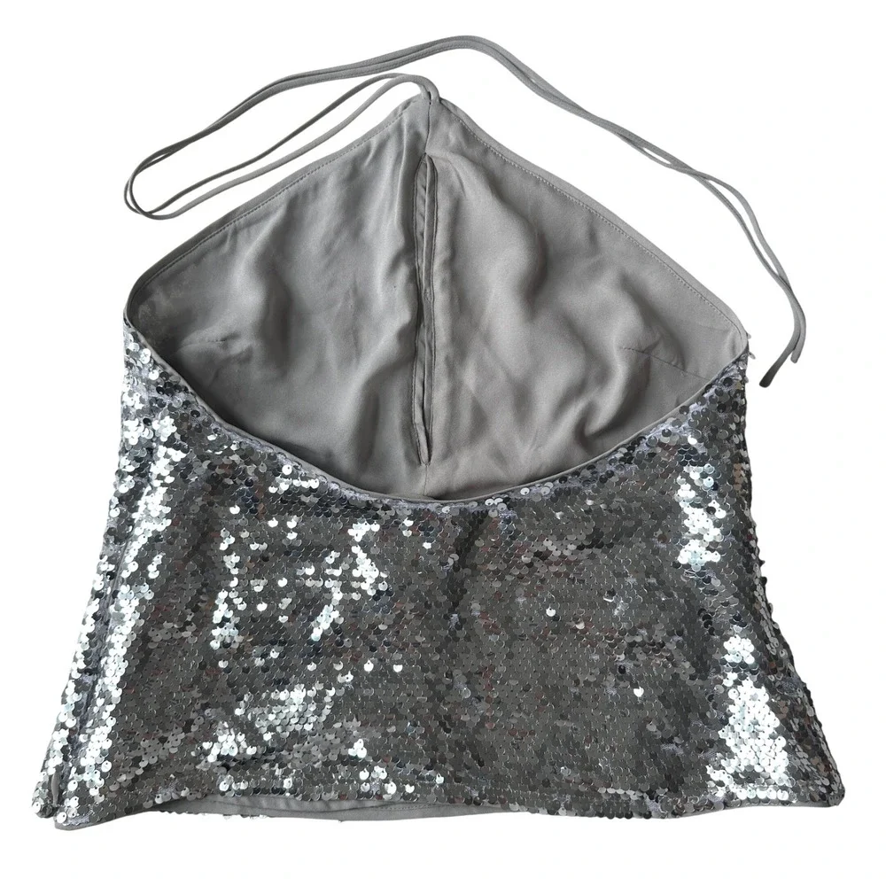Reformation Tula Top Silver Sequin Halter Top Open Back 0 - Picture 4 of 8